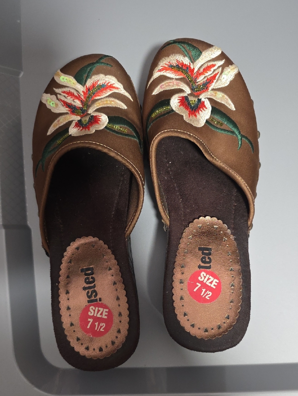Unlisted Brown Embroidered Floral Slip-On Mules